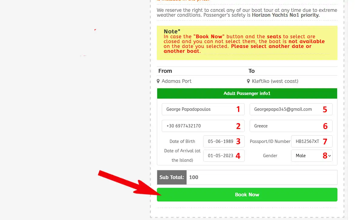 STEP 4 Scroll down an fill all 8 fields<br />
in the passager info and press ''Book Now''<br />